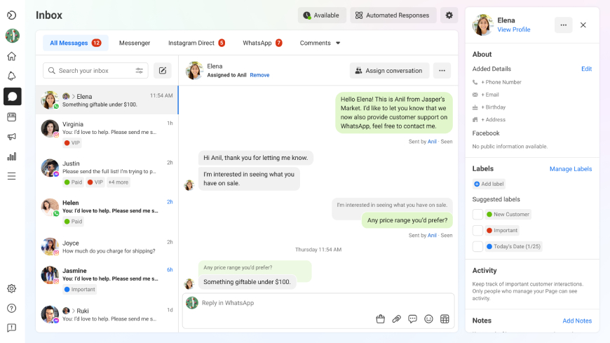 WhatsApp messages displayed in Meta inbox alongside messages from Messenger and Instagram