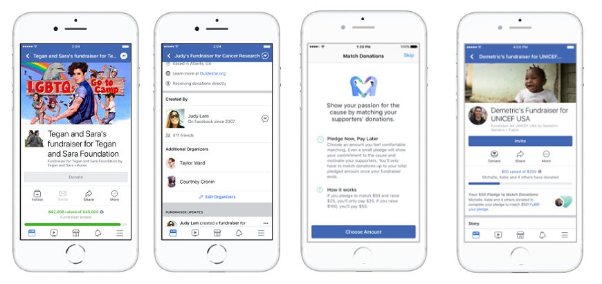 Smartphone screens showing Facebook fundraisers