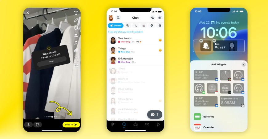 Smartphones showing Snapchat features on screen
