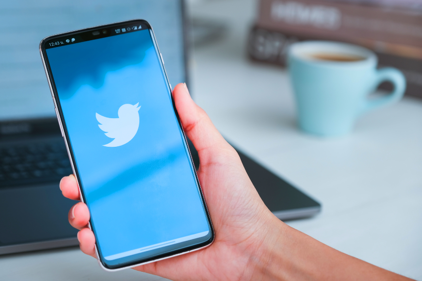 Hand holding smartphone with Twitter logo on screen