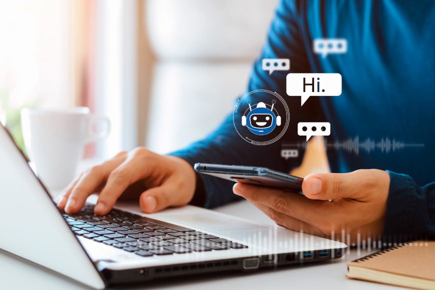 AI customer service chatbot with speech bubbles on smartphone and laptop