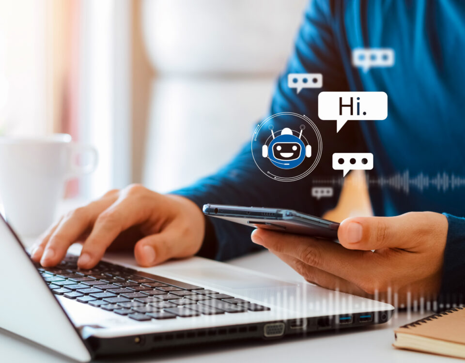 AI customer service chatbot with speech bubbles on smartphone and laptop