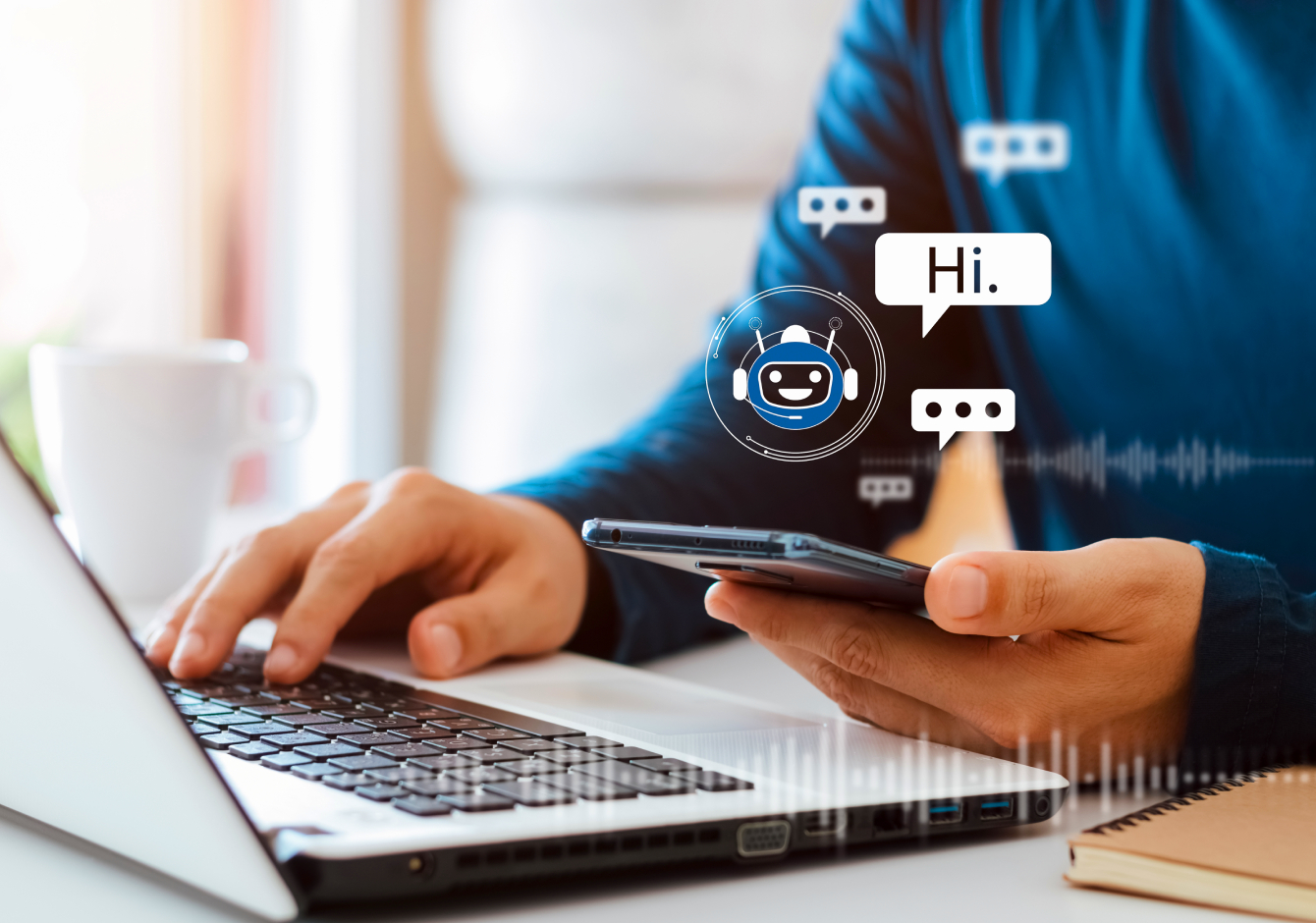 AI customer service chatbot with speech bubbles on smartphone and laptop