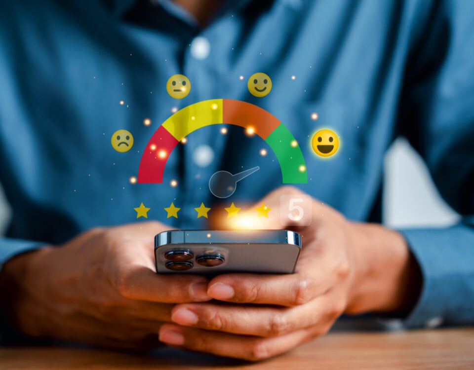 Man holding smartphone with red orange and screen scale showing customer satisfaction levels