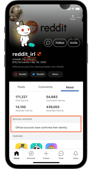 Smartphone with Reddit app on screen showing Official label