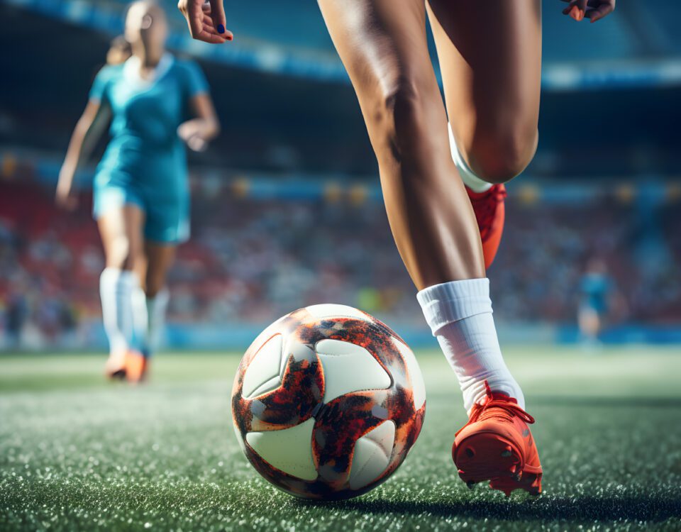 Women running beside ball on grass in football stadium