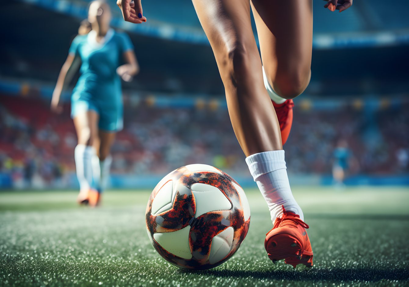 Women running beside ball on grass in football stadium