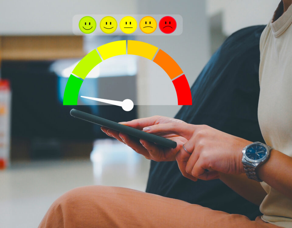 Person using smartphone with red, orange and green rating scale