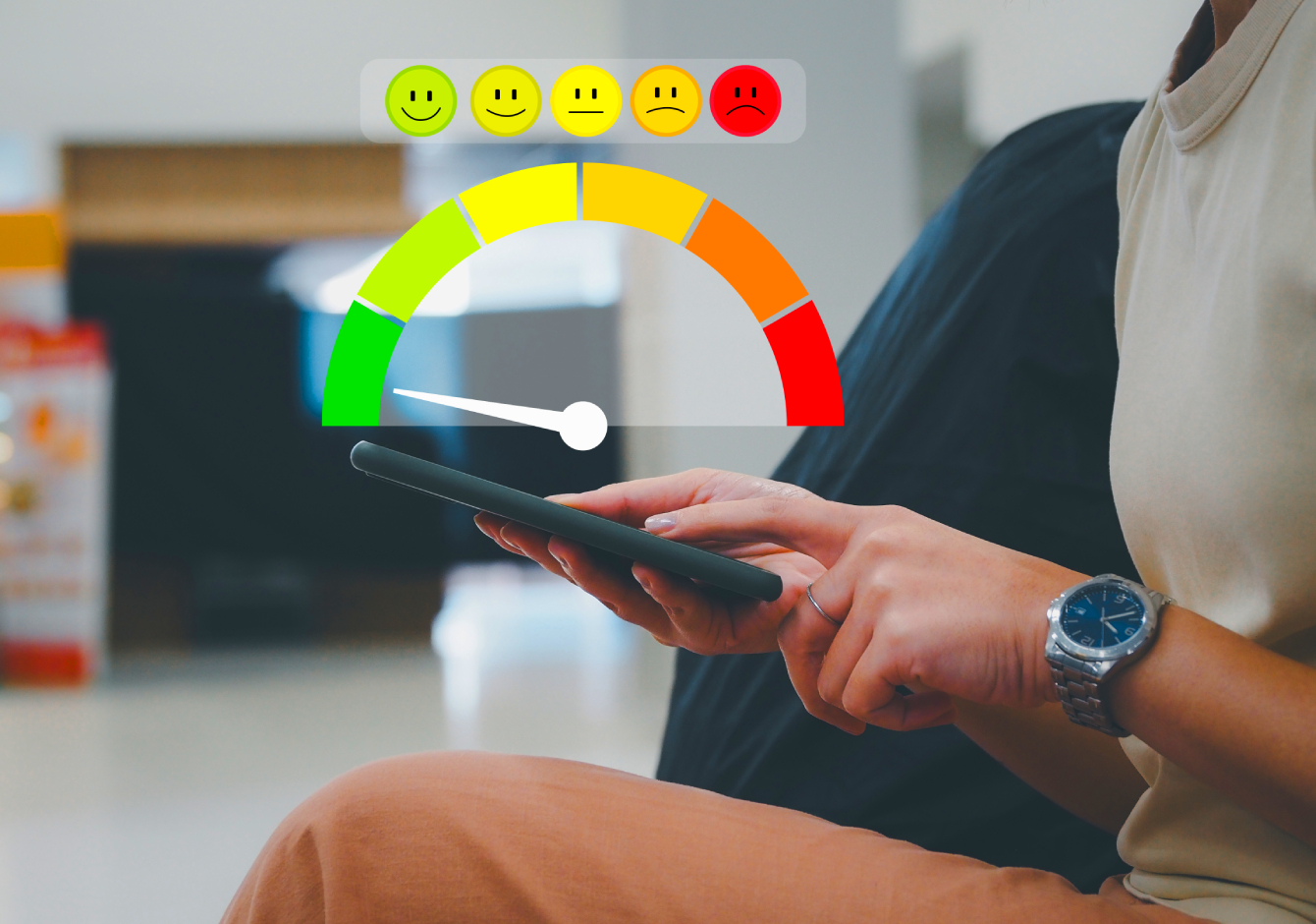Person using smartphone with red, orange and green rating scale
