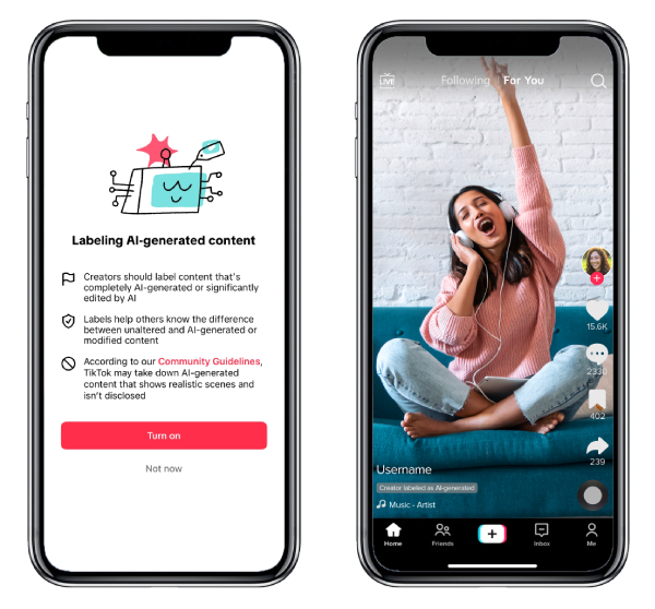 Smartphone screens showing TikTok's new AI label