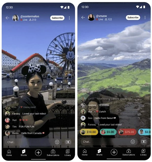 Smartphone screens showing YouTube's new vertical live stream format