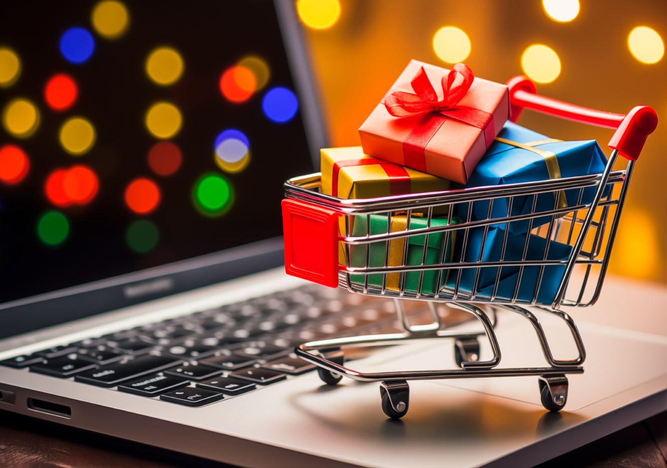 Miniature shopping cart filled with Christmas gifts sitting on laptop keyboard with festive lights behind