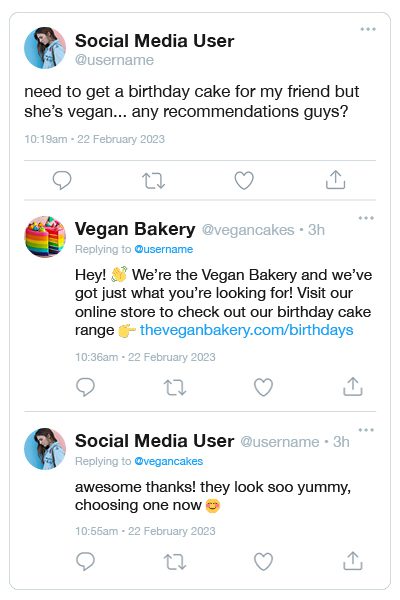 A social media conversation between a user and a vegan bakery
