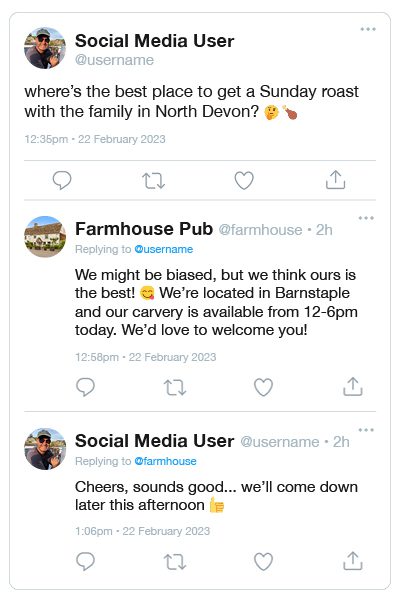 A social media conversation between a user and a pub