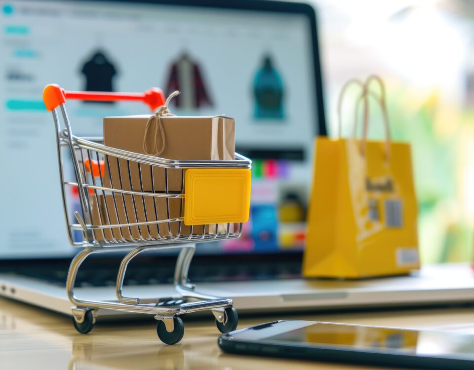 Miniature shopping cart and bags on laptop keyboard