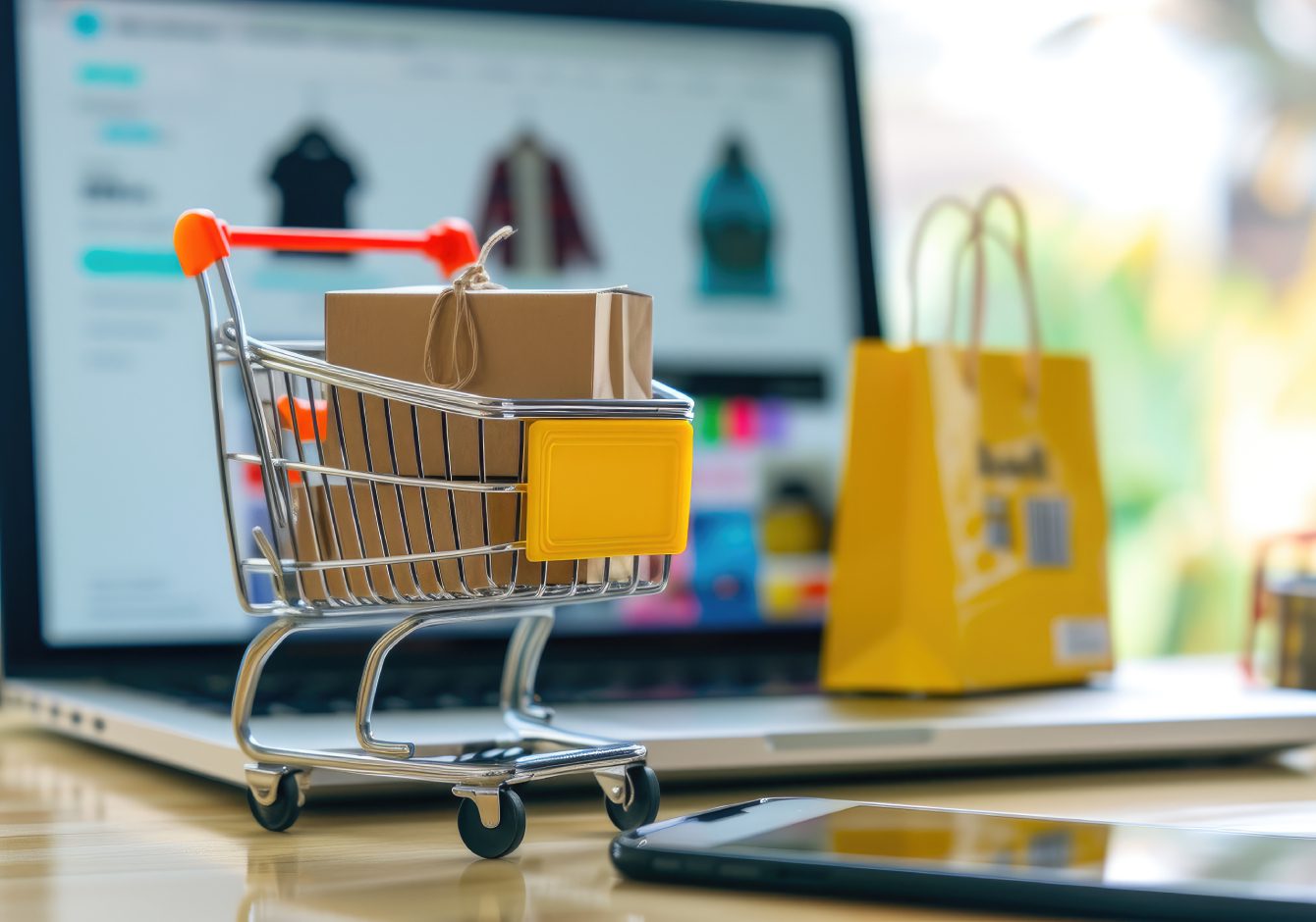 Miniature shopping cart and bags on laptop keyboard