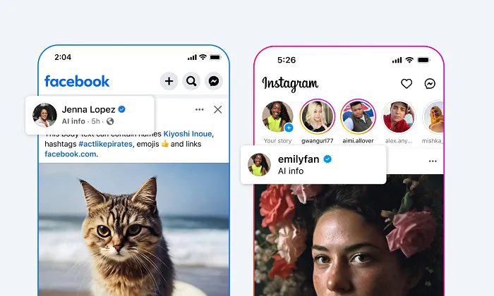 Smartphone screens showing Meta's new AI label on Facebook and Instagram