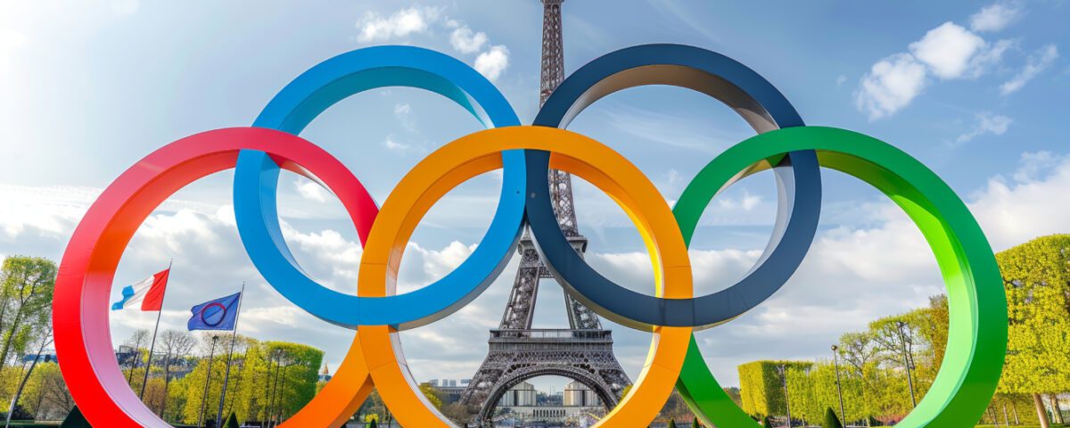 Olympic rings in front of the Eiffel Tower in Paris