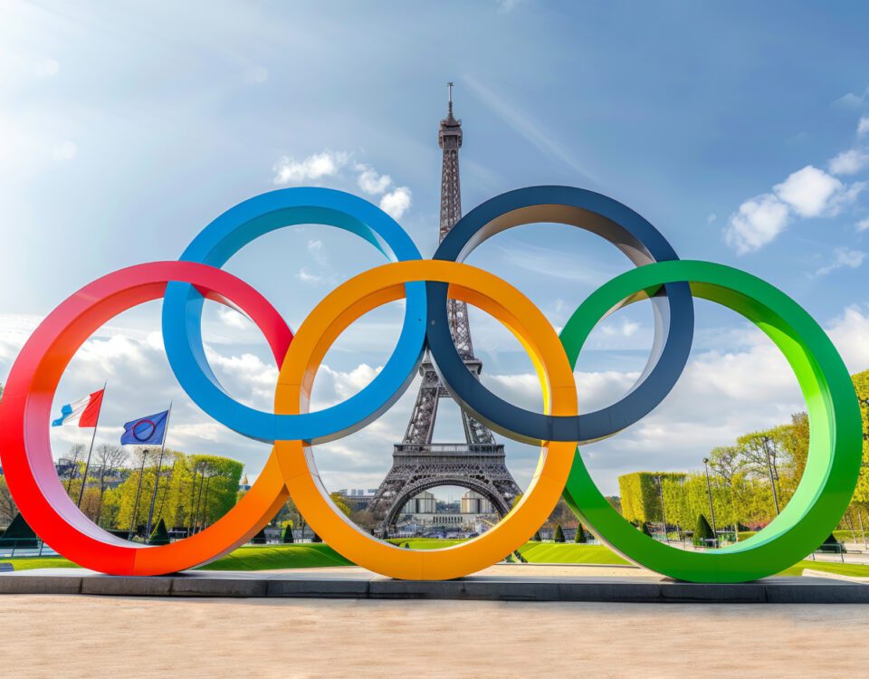 Olympic rings in front of the Eiffel Tower in Paris