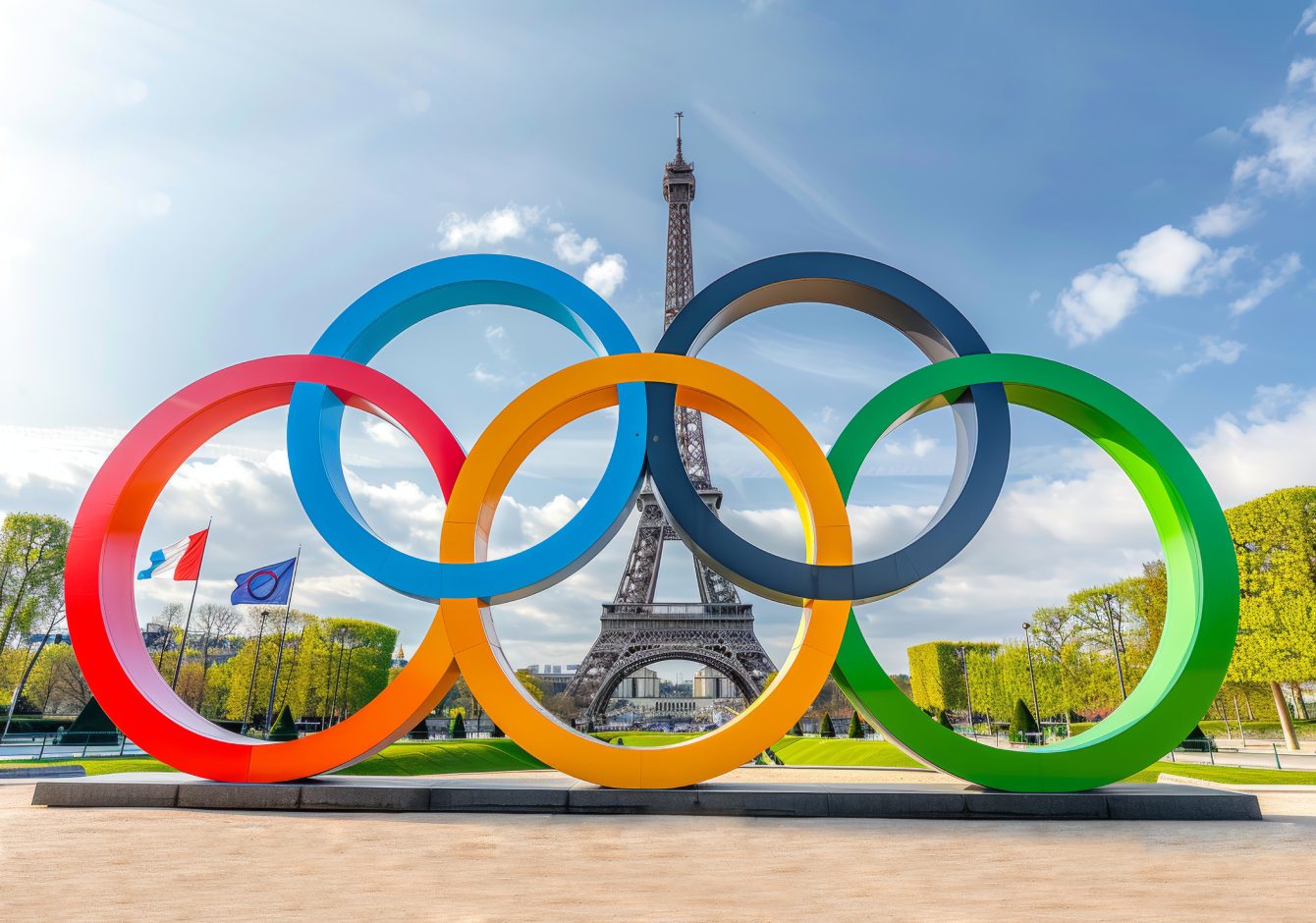 Olympic rings in front of the Eiffel Tower in Paris