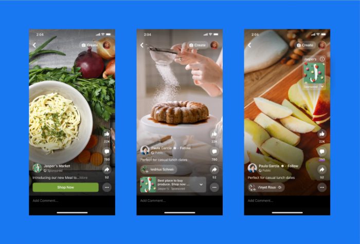 Smartphone screens showing Facebook Reels overlay ads