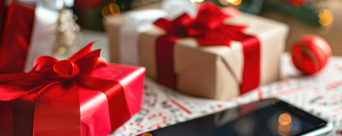 Smartphone on table with Christmas gifts and decorations