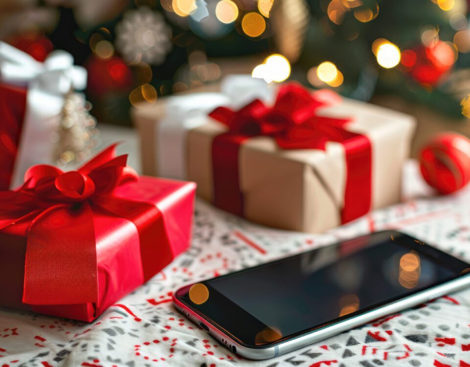 Smartphone on table with Christmas gifts and decorations