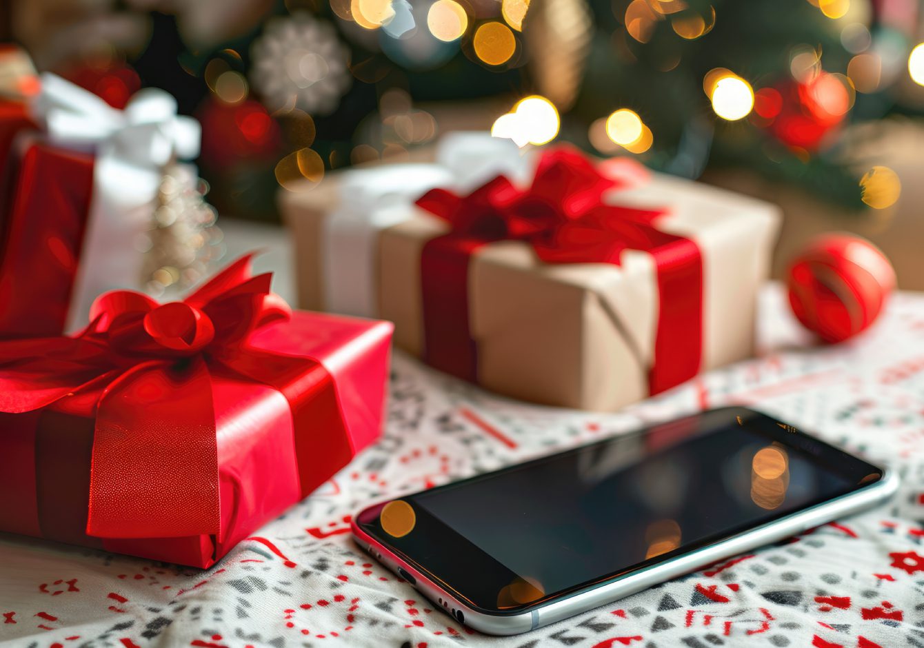 Smartphone on table with Christmas gifts and decorations