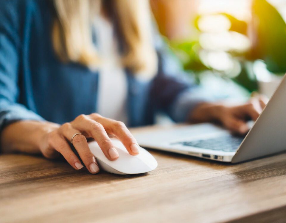 Woman using laptop with mouse on desk