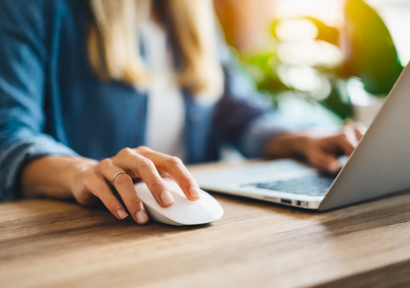 Woman using laptop with mouse on desk