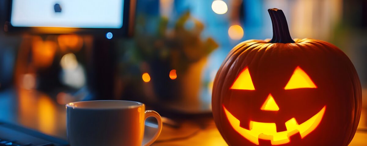 Halloween pumpkin on desk with computer and coffee cup