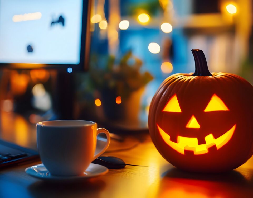 Halloween pumpkin on desk with computer and coffee cup