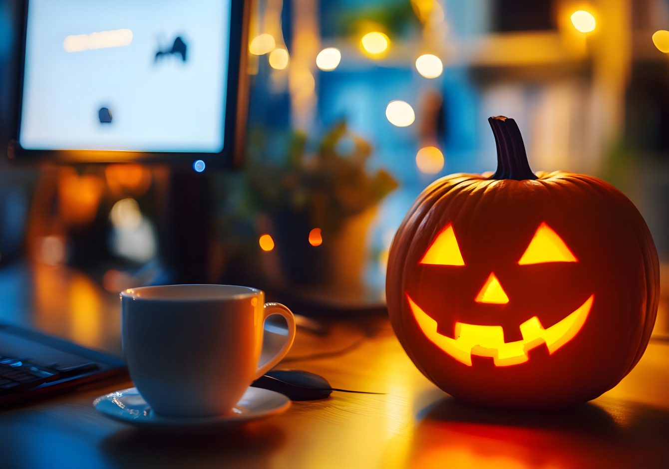 Halloween pumpkin on desk with computer and coffee cup