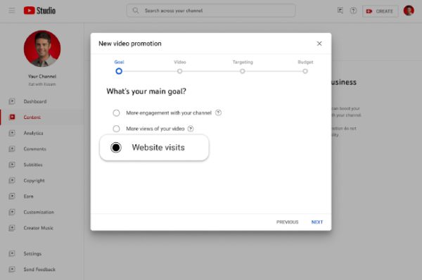 YouTube web visits ad goal