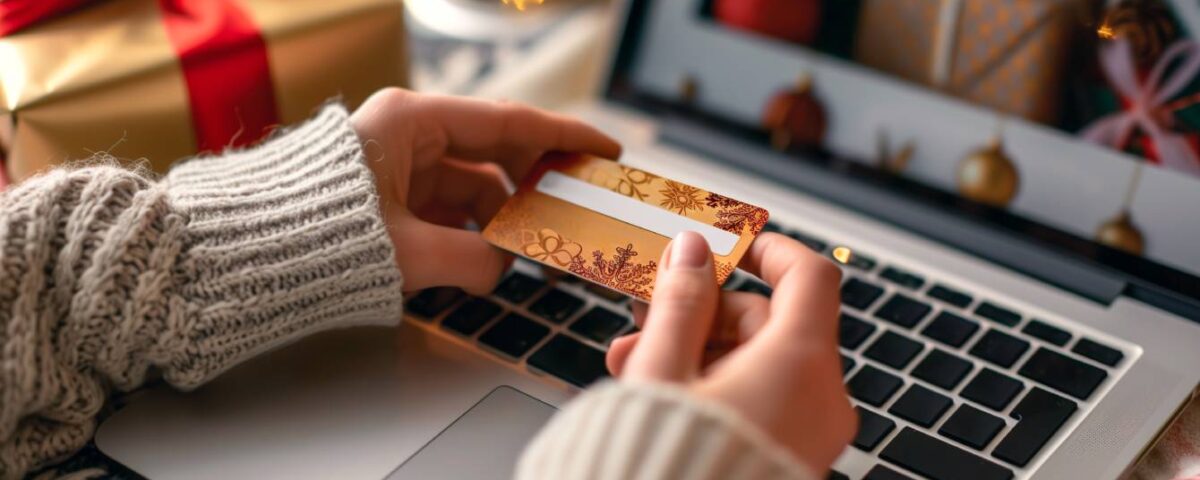 Hands holding credit card in front of laptop with Christmas gifts and lights