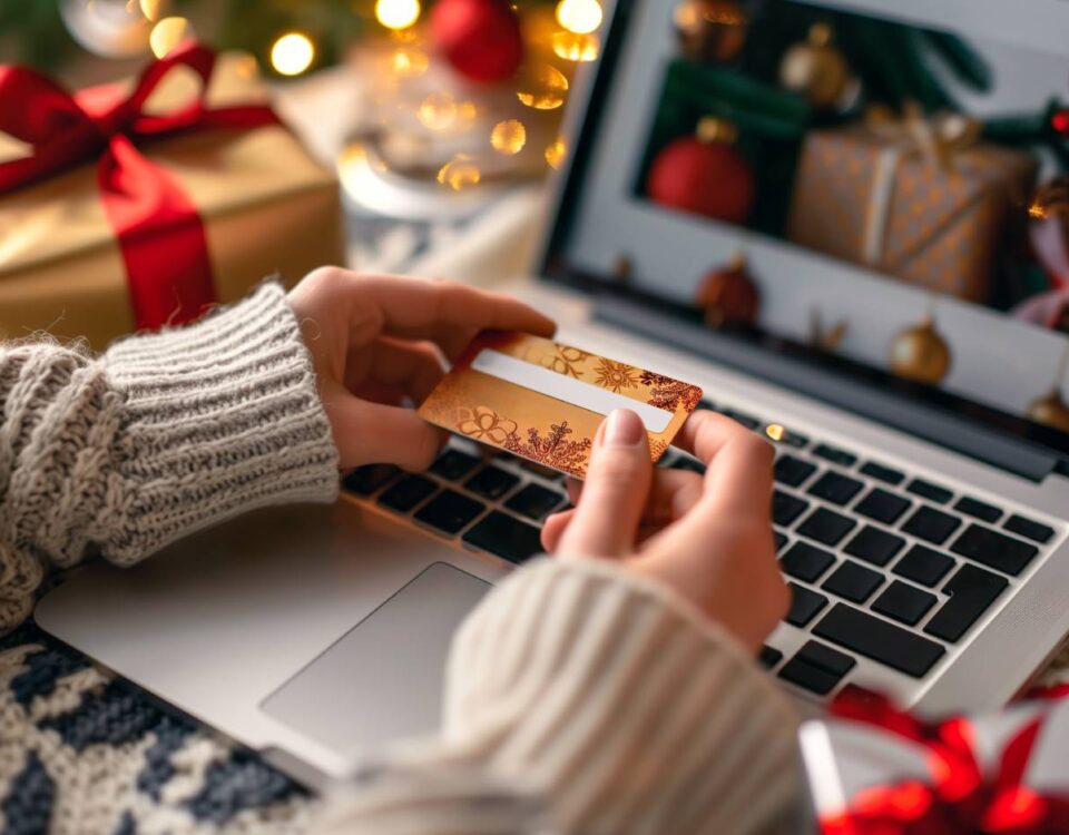 Hands holding credit card in front of laptop with Christmas gifts and lights