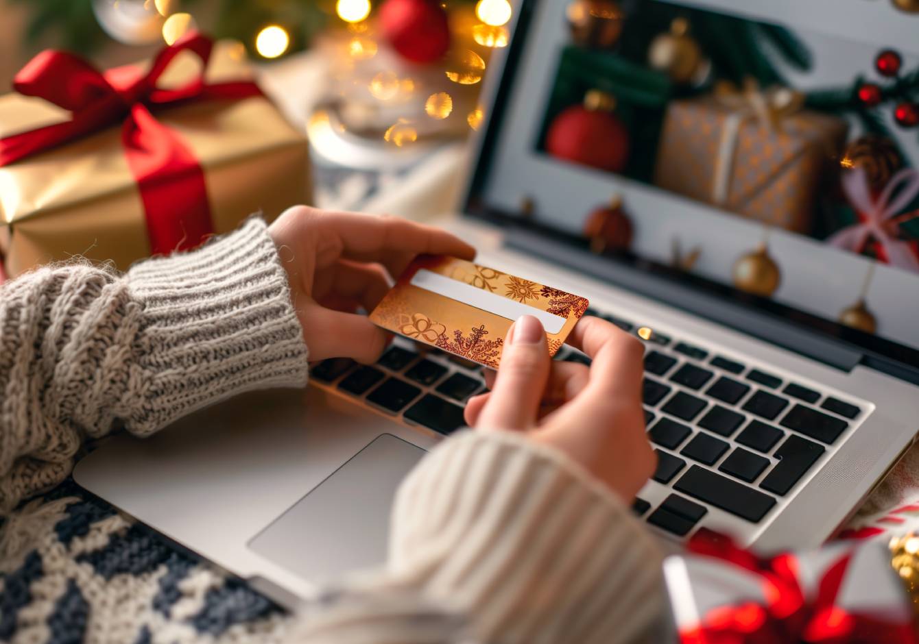 Hands holding credit card in front of laptop with Christmas gifts and lights