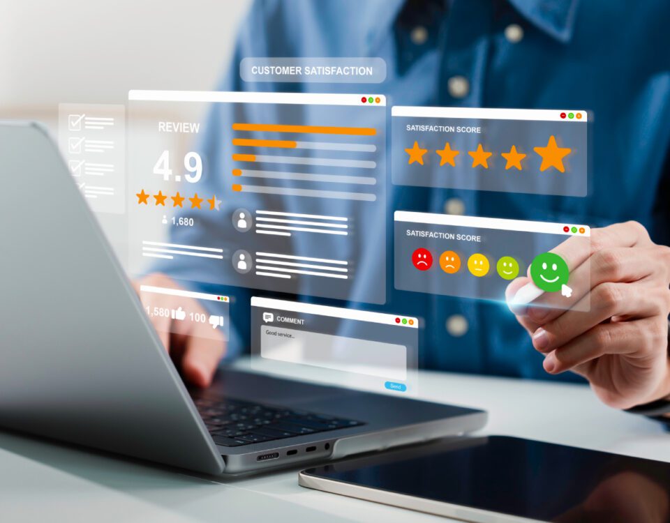 Person sitting at desk with laptop choosing customer satisfaction rating