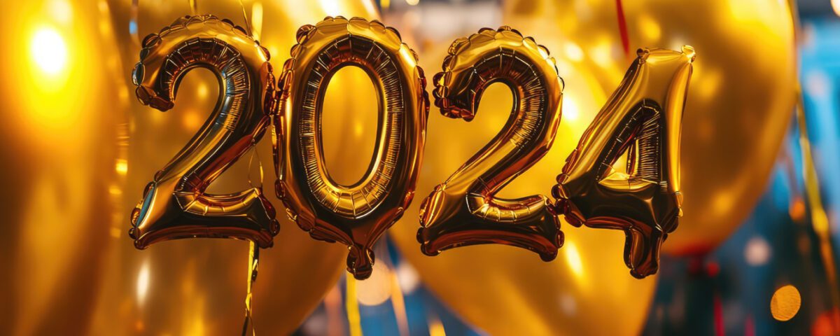 Golden celebration balloons in the shape of 2024 numbers