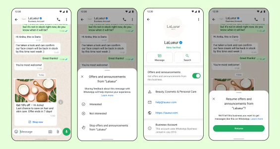 Smartphone screens showing WhatsApp's new business tools