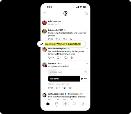 Smartphone screen showing Threads feed with a trending topic highlighted in yellow
