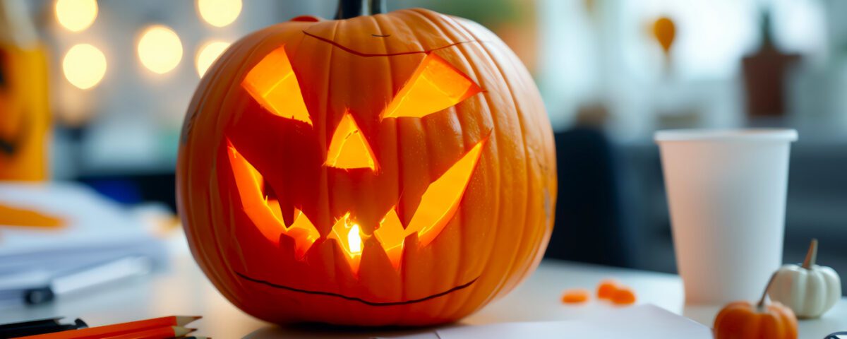Spooky carved pumpkin on a desk in an office with glowing lights in background