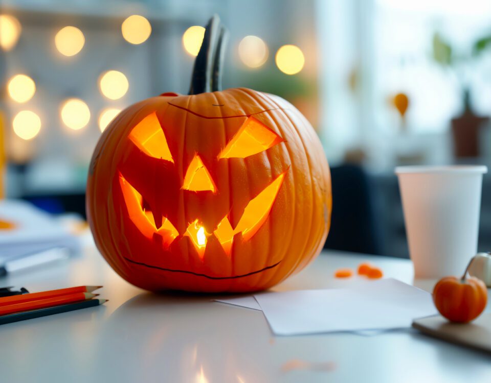 Spooky carved pumpkin on a desk in an office with glowing lights in background