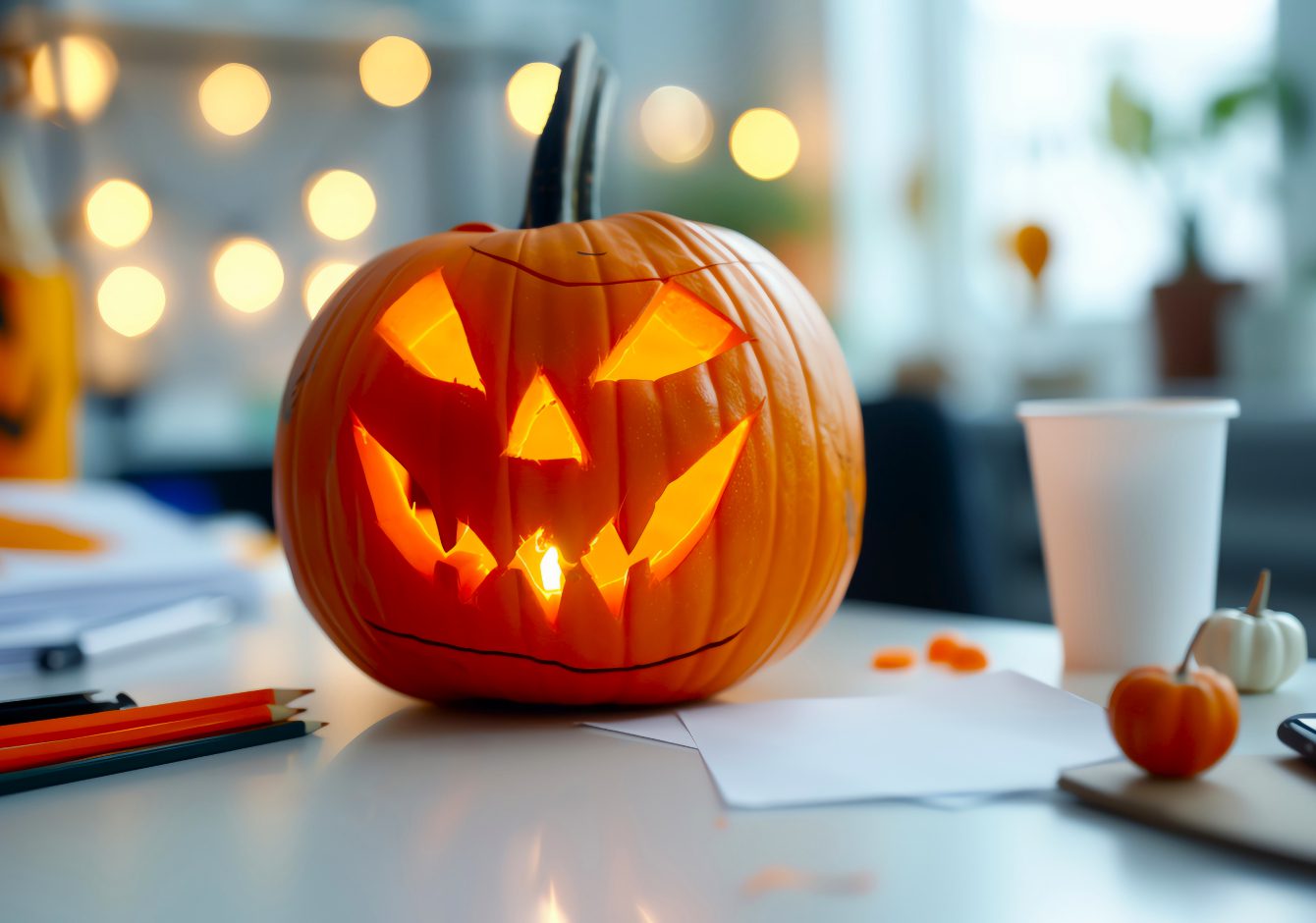 Spooky carved pumpkin on a desk in an office with glowing lights in background