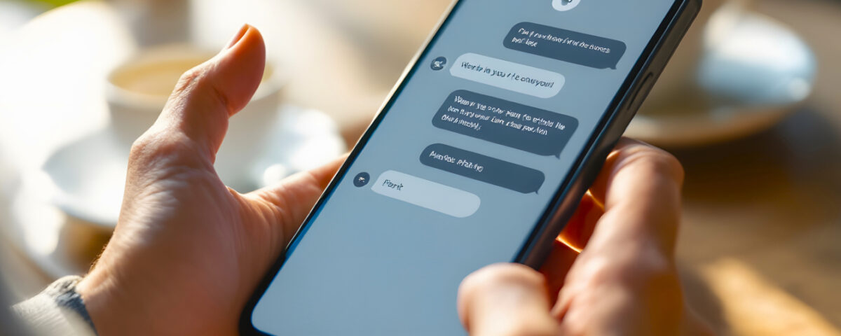 Hands holding smartphone with live chat conversation bubbles on screen
