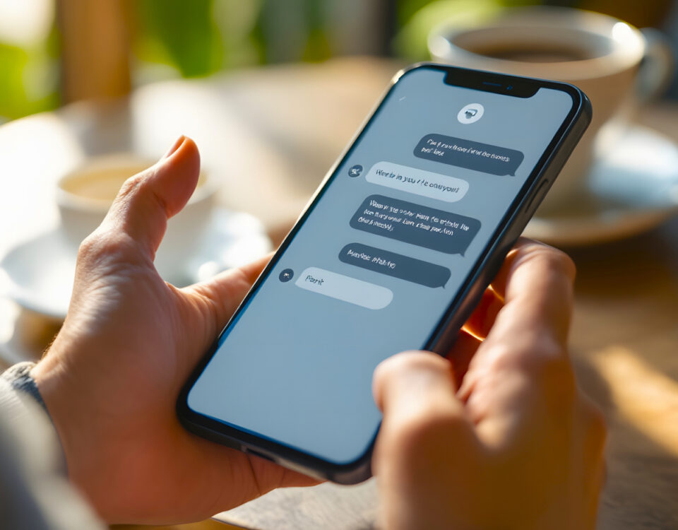 Hands holding smartphone with live chat conversation bubbles on screen