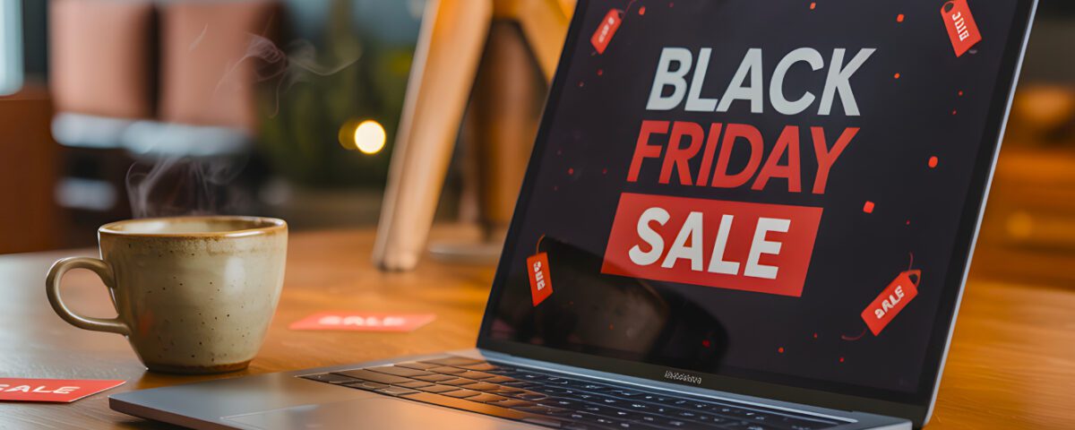 Coffee cup and laptop on wooden table with Black Friday Sale on screen
