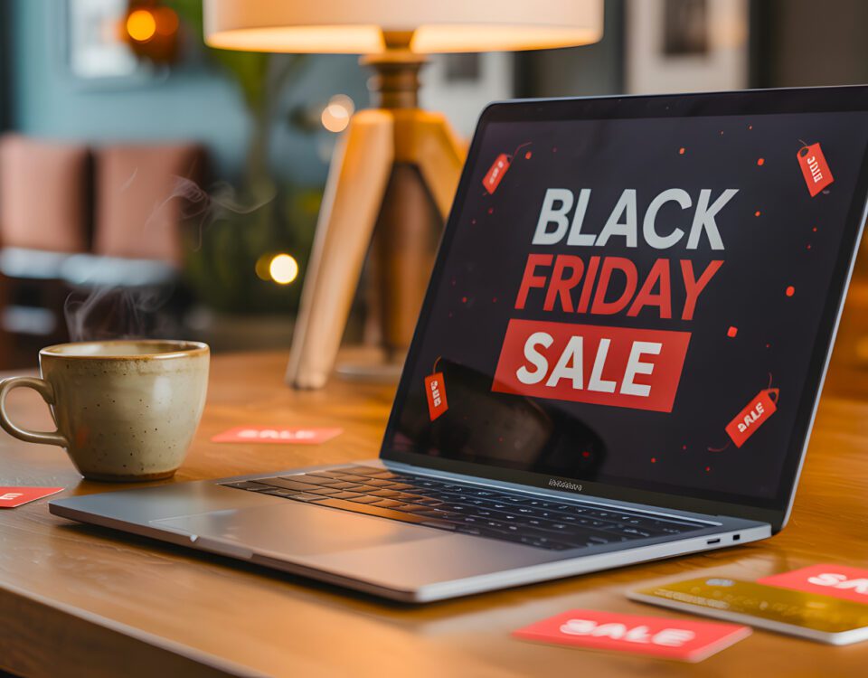Coffee cup and laptop on wooden table with Black Friday Sale on screen