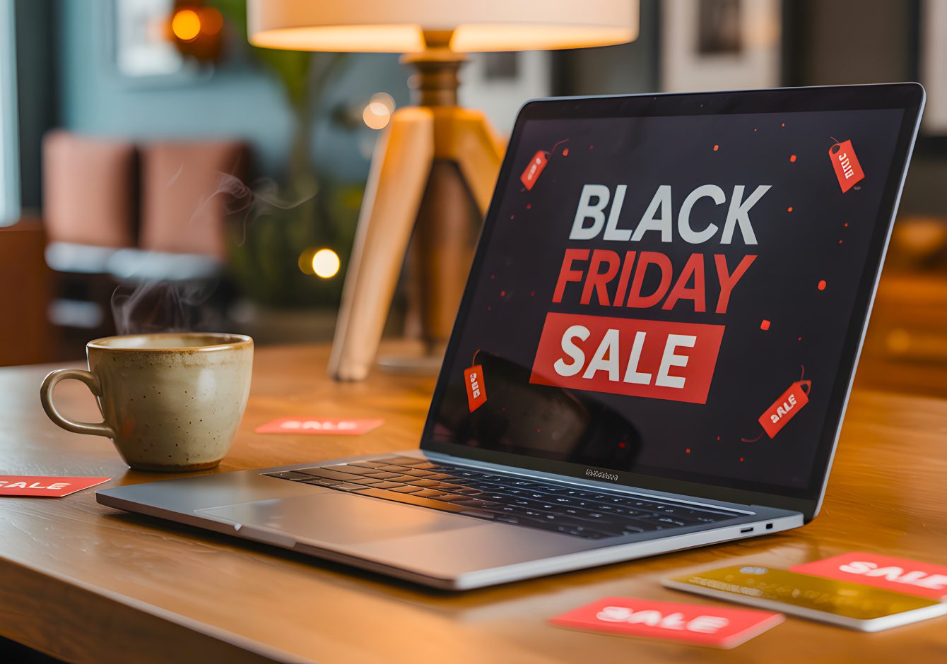 Coffee cup and laptop on wooden table with Black Friday Sale on screen